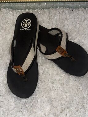Tory Burch Black and Cream Logo Thong Wedge Sandals